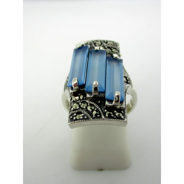 Bague Art Déco Rectangulaire Trinity en Jade Bleu