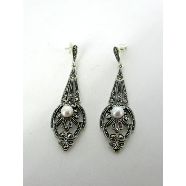 Boucles d'oreilles Vintages Pendantes en Argent et Perles