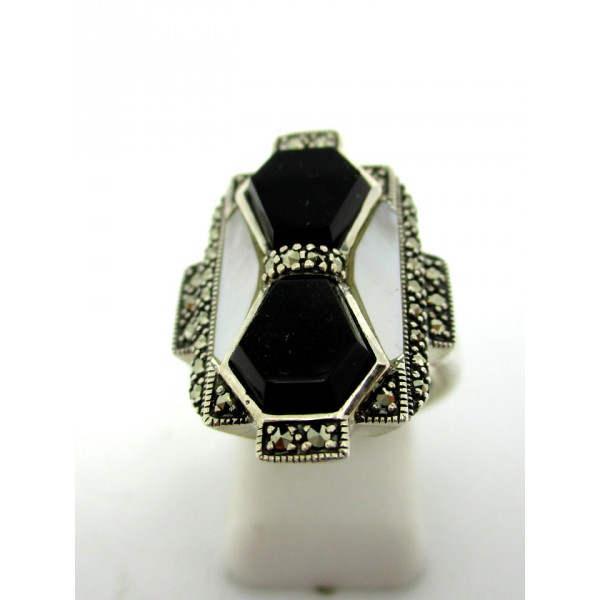 Bague Vintage en Argent avec Nacre et Onyx