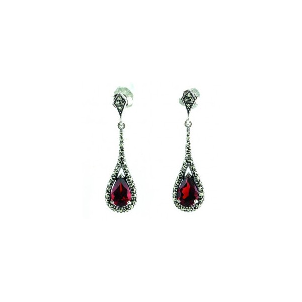 Boucles d'Oreilles Art Déco Pendante en Argent et Grenat