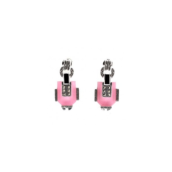 Boucles d'oreilles Art Déco en argent avec Onyx et Jade Rose