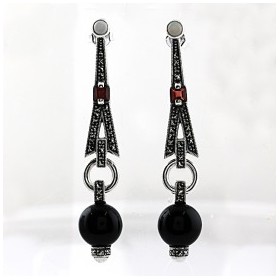 Boucles d'Oreilles Vintage Pendante en Argent avec Onyx et Agate