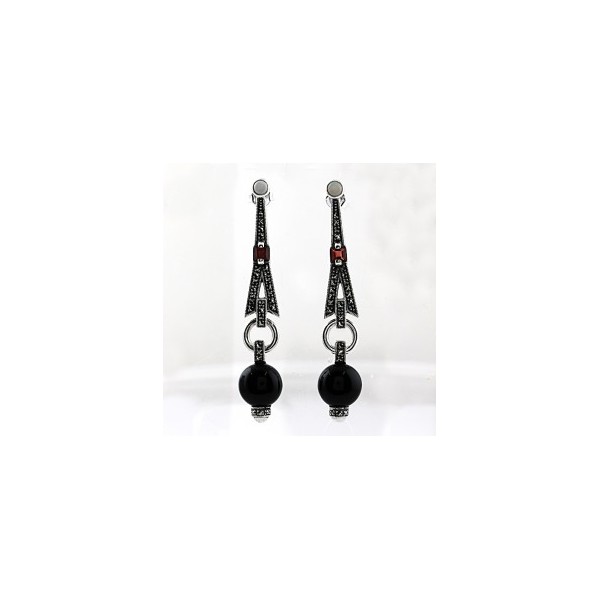 Boucles d'Oreilles Vintage Pendante en Argent avec Onyx et Agate