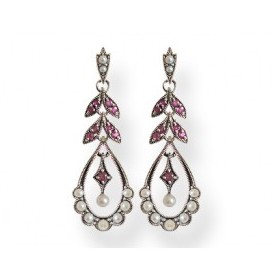 Boucles d'Oreilles Ovale Pendante en Argent avec Rubis et Perle de Culture