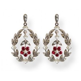 Boucles d'Oreilles Art Déco Pendantes en Argent avec Grenats et Perles de Culture