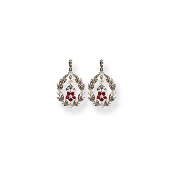 Boucles d'Oreilles Art Déco Pendantes en Argent avec Grenats et Perles de Culture