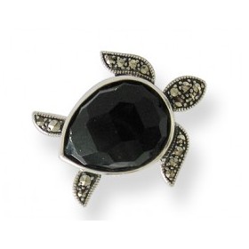 Broche Tortue en Onyx Noir et Argent