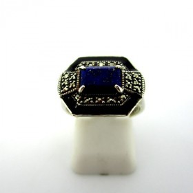 Bague vintage en argent avec pierre en lapis lazuli et onyx