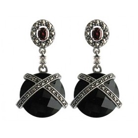 Boucles d'Oreilles Pendantes art déco Ronde avec Onyx Noires et Grenat