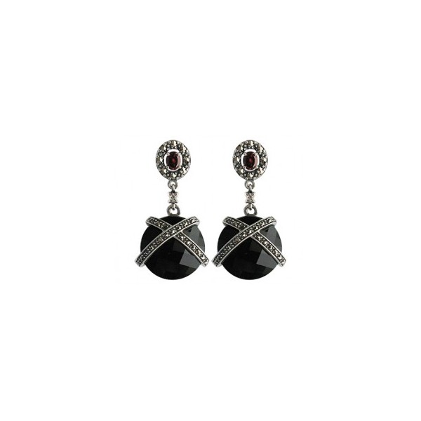 Boucles d'Oreilles Pendantes art déco Ronde avec Onyx Noires et Grenat