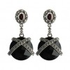 Boucles d'Oreilles Pendantes art déco Ronde avec Onyx Noires et Grenat