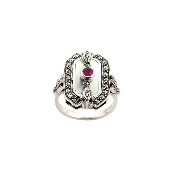 Bague Art Déco en Argent avec Nacre et Rubis