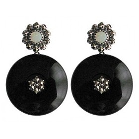 Boucles d'Oreilles Vintage Ronde en Argent et onyx et Opale