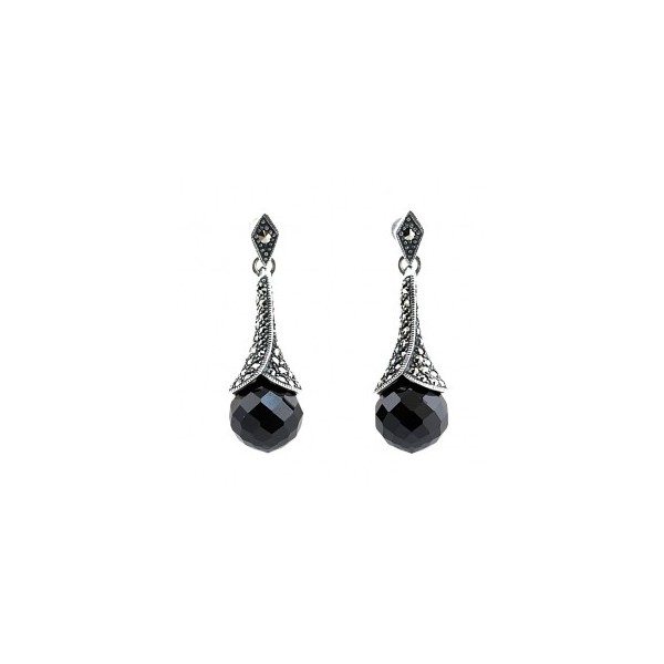 Boucles D Oreilles Pendantes Boules En Argent Et Onyx