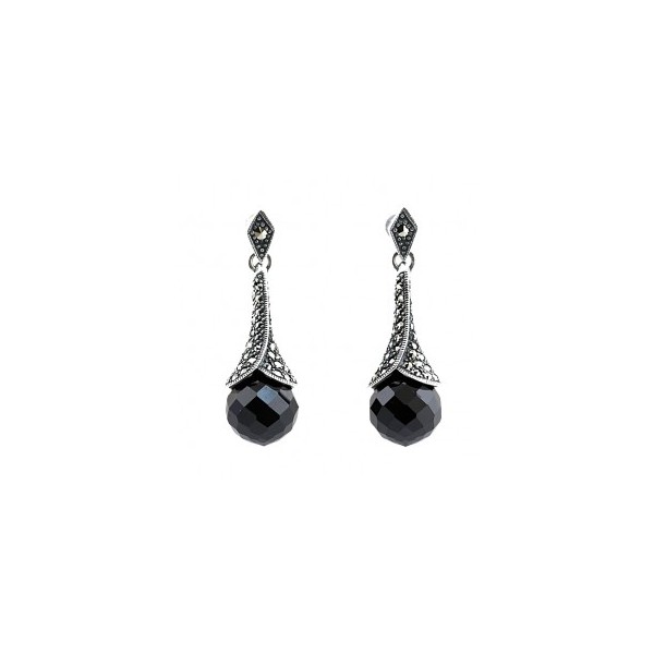 Boucles d'oreilles Pendantes Boules Femme en Argent et Onyx