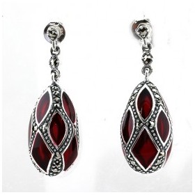 Boucles d'Oreilles Ovales Art Déco en Argent et Émail Rouge