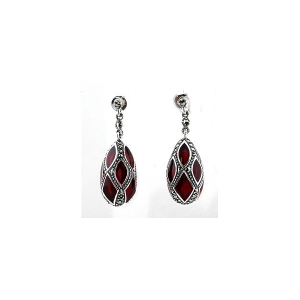 Boucles d'Oreilles Ovales Art Déco en Argent et Émail Rouge