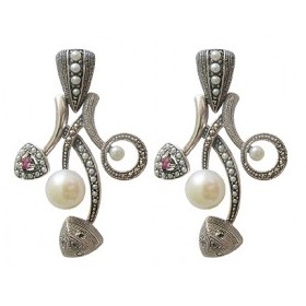 Boucles d'Oreilles Rétros avec Rubis et Perles de Culture