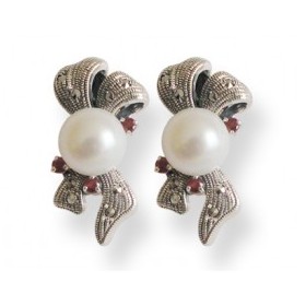 Boucles d'oreilles Vintage femme en Argent avec perle de Culture et Grenat