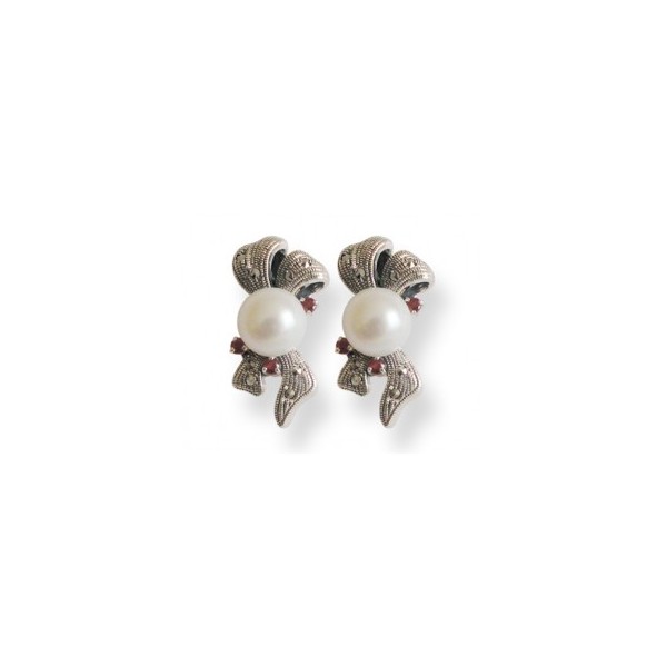 Boucles d'oreilles Vintage femme en Argent avec perle de Culture et Grenat