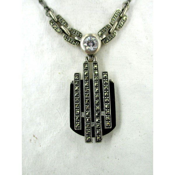 Collier Art déco en Argent et Onyx et Zirconium