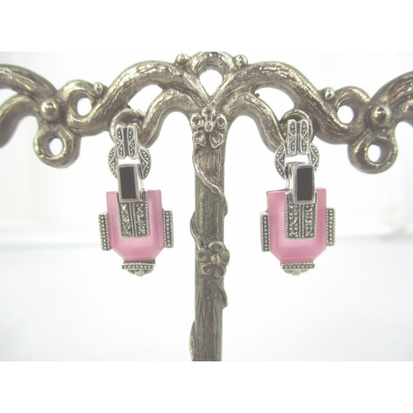 Boucles d'Oreilles Art Déco ornées de pierres de Jade rose