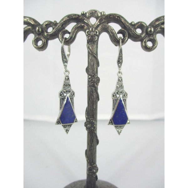 Boucles d'Oreilles Triangulaire Art déco en Argent et lapis lazuli