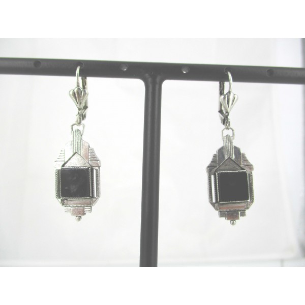 Boucles d'Oreilles Pendantes Art Déco en Onyx Noir