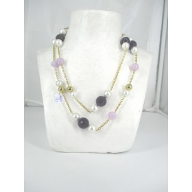Collier Vintage avec Pierres Quartz Rose, Améthyste et Perles de Verre