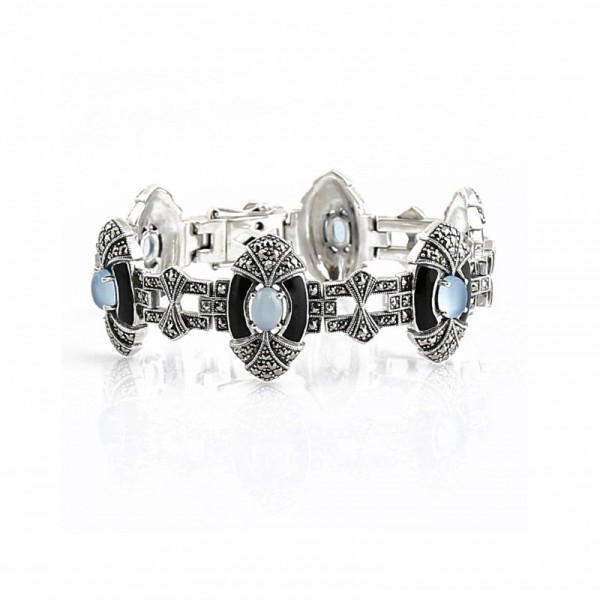 Bracelet en argent avec Agates bleue, émail noir