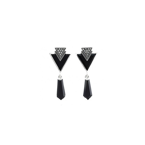 Boucles d'Oreilles Pendantes Art Déco en Argent et onyx Noir