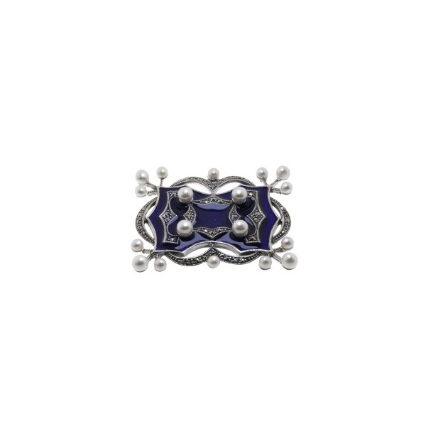 Broche Art déco en Argent avec Perles de Culture et émail