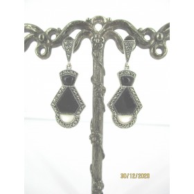 Boucles d'Oreilles Vintage en Argent avec Onyx et Nacre