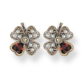 Boucles d'oreilles anciennes Trèfles en Argent avec Perles et Grenats