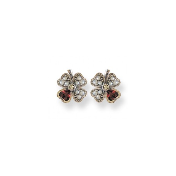 Boucles d'oreilles anciennes Trèfles en Argent avec Perles et Grenats