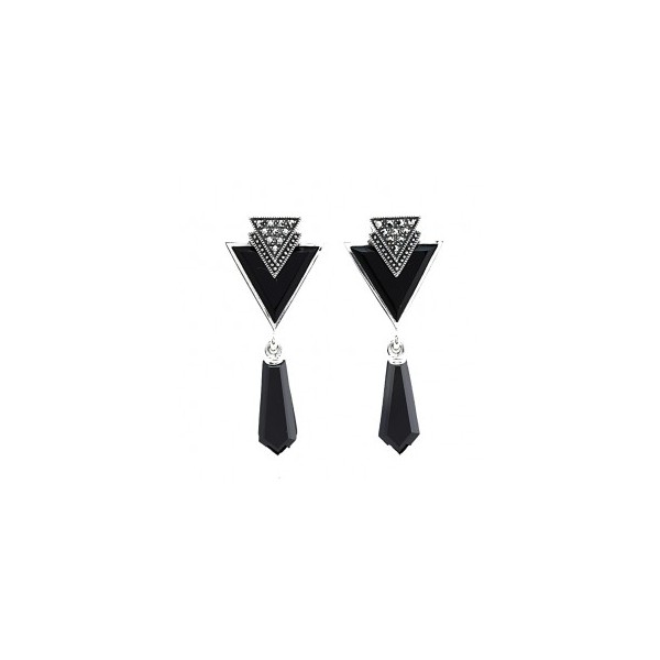 Boucles d'Oreilles Pendantes Art Déco en Argent avec Onyx Noir et Spinelle