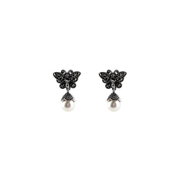 Boucles d'Oreilles Vintage Papillon en Argent et Perles de culture