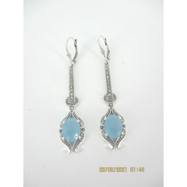 Boucles d'Oreilles Pendantes Style Art Déco Argent 925 Calcédoine