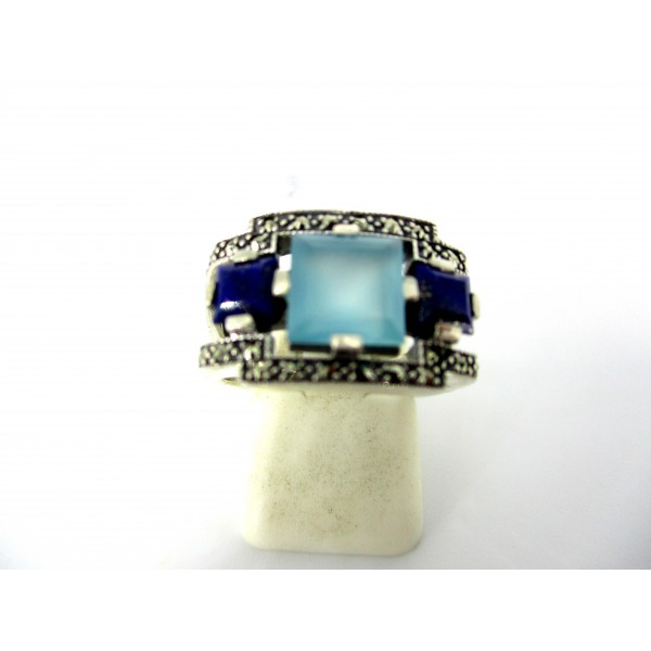 Bague Cocktail Vintage en Argent avec Pierre de Jade et Lapis Lazuli