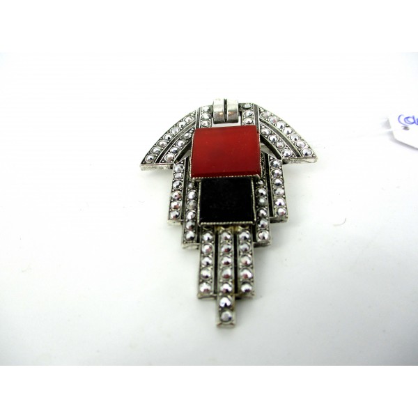 Broche Art Déco avec Pierres de Cornaline et Onyx