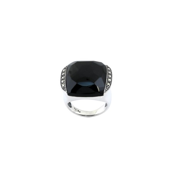 Bague Vintage à Facettes en Argent et Onyx Noire