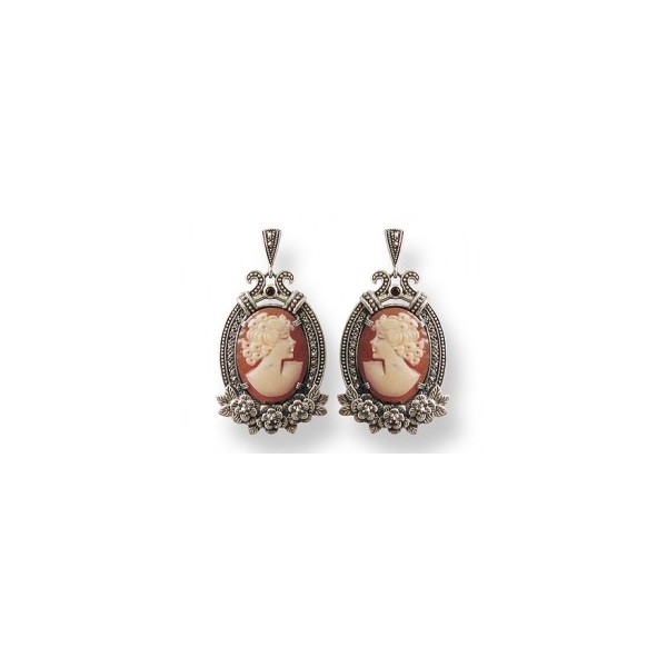 Boucles d' Oreilles Vintage Camée en Argent et Grenats