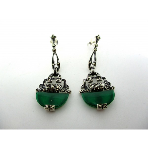 Boucles d'Oreilles Art déco en Argent et Agate Verte