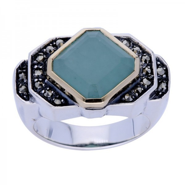 Bague en Argent et Or avec Agate Bleue