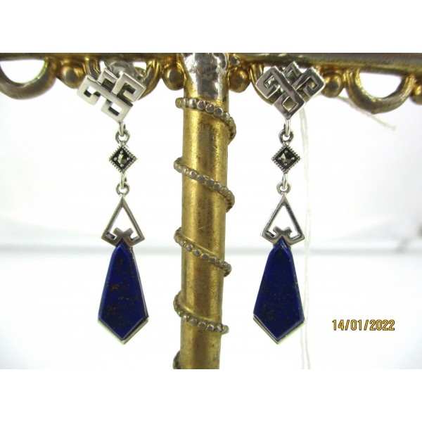 Boucles d' Oreilles Art Déco en Argent 925 avec pierre Lapis Lazuli