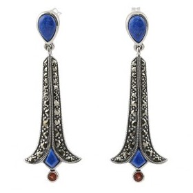 Boucles d'Oreilles Pendantes Art Déco avec Lapis Lazuli et Grenat