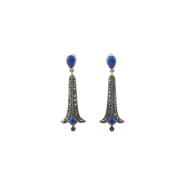 Boucles d'Oreilles Pendantes Art Déco avec Lapis Lazuli et Grenat