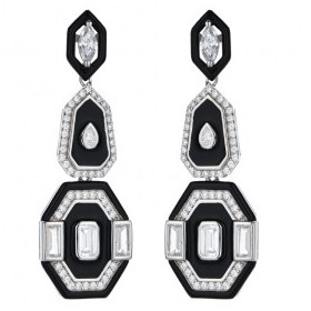 Boucles d'Oreilles Art Déco en Argent avec Zirconium et Onyx