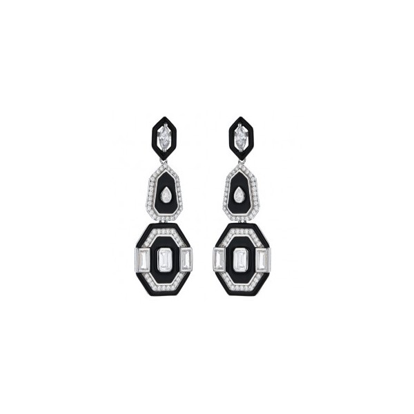 Boucles d'Oreilles Art Déco en Argent avec Zirconium et Onyx