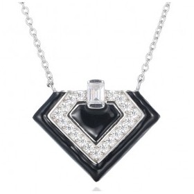 Collier Long Art Déco en Argent avec Pierres Zirconium et Onyx